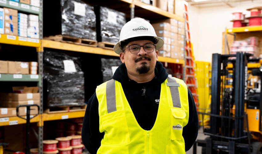A Summit Fire Security team member in full safety gear standing in a distribution warehouse, representing the company’s commitment to safety and professional growth.