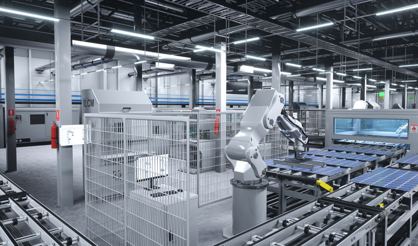 Modern factory with robotic automation.
