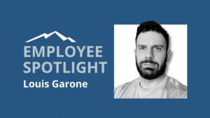 Graphic showing Louis on the right side in black and white. Left side states "Employee Spotlight: Louis Garone"