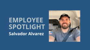 Text on the left "Employee Spotlight" and a picture of a Fire technician to the right
