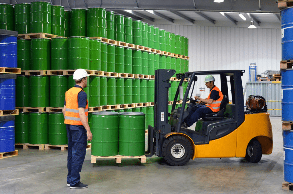 A forklift moves 55-gallon drums in a warehouse